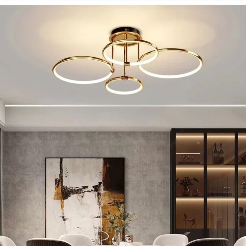Nowoczesny żyrandol LED z pierścieniami – lampa sufitowa z geometryczną formą
